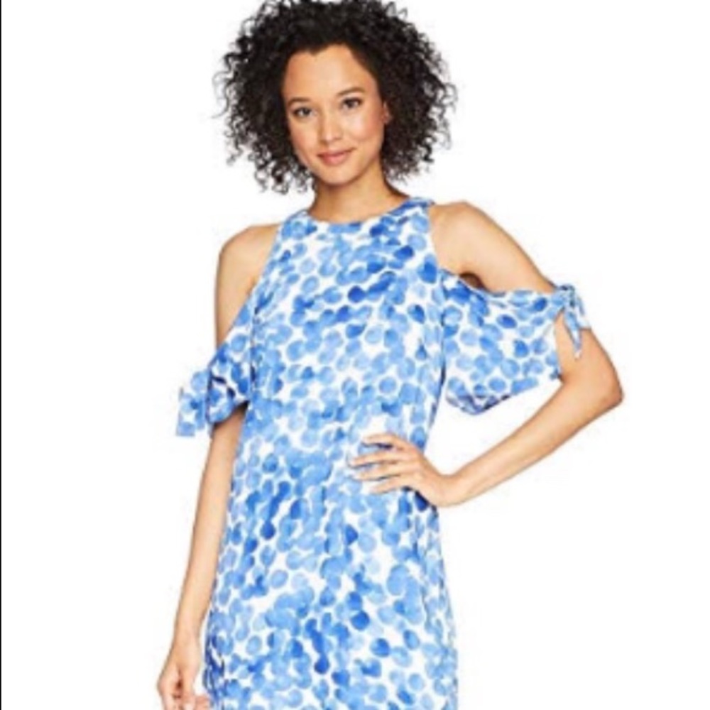 NWT. London Times Woman cold shoulder dress. Cute blue & white dot print.